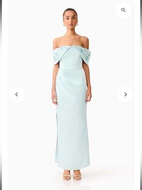 elliatt manon off the shoulder strapless draped neckline maxi gown dress medium